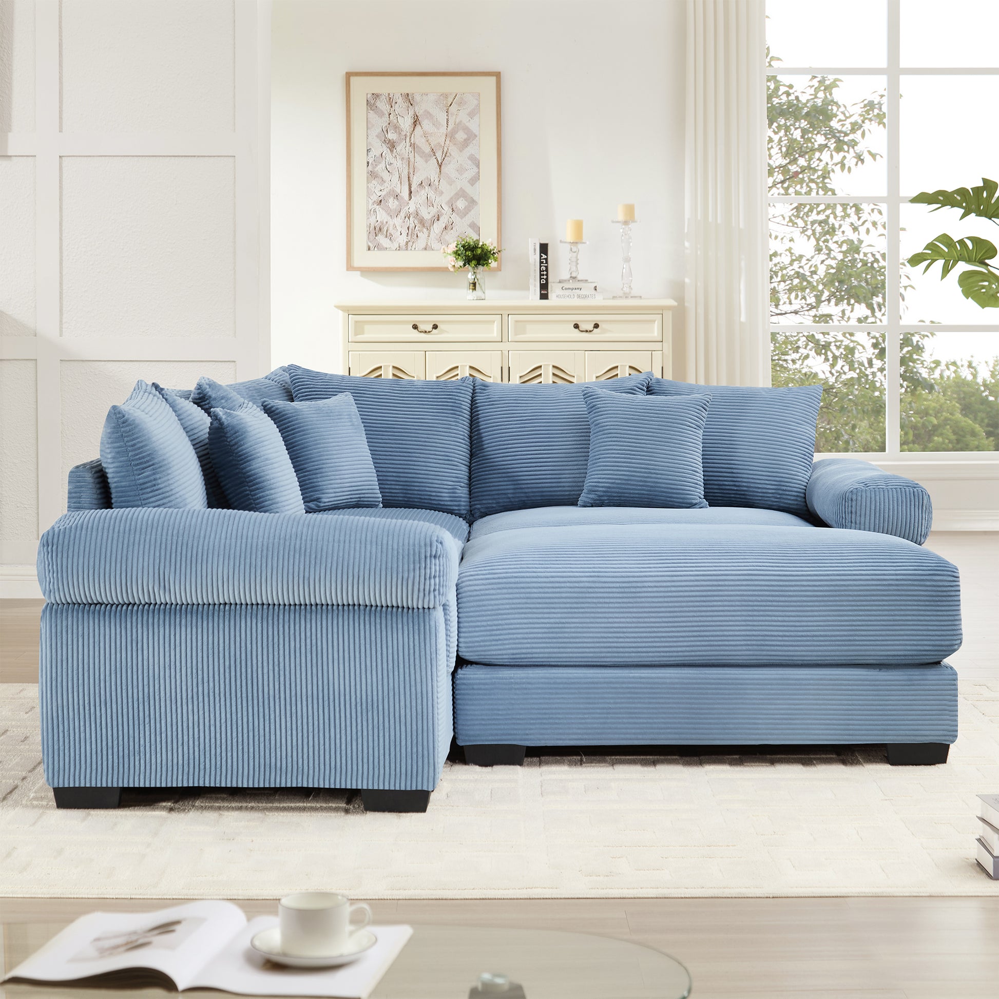 Oversized Cloud Modular Sectional Couch, Convertible Sectional Couches, Extra-Thick Armrests With An Ottoman,Soft Corduroy Fabric, Ergonomic Design, Easy Assembly,For Living Rooms Reading Rooms,Blue image 3
