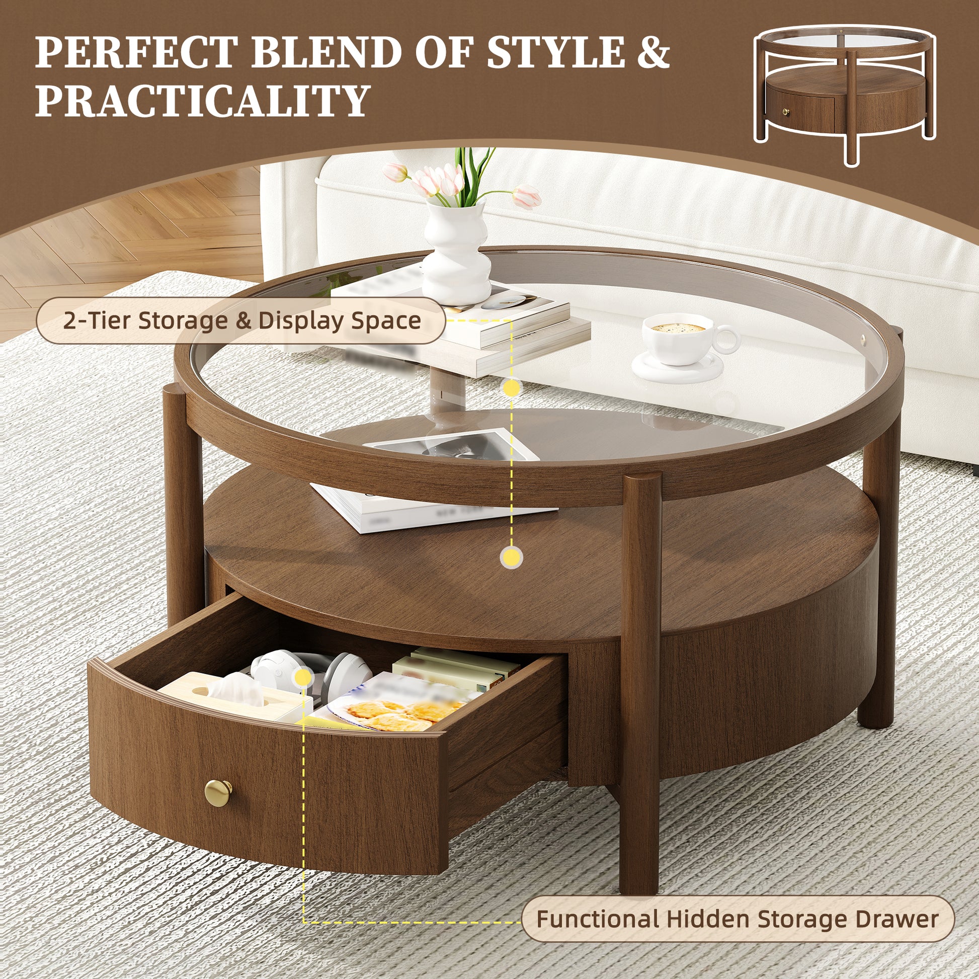 Solid Wood Round Glass Top Coffee Table with Storage Drawer, 2-Tier Mid Century Modern Circular Center Table, Walnut Wooden Cocktail Table for Living Room image 7