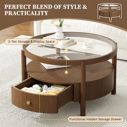 Solid Wood Round Glass Top Coffee Table with Storage Drawer, 2-Tier Mid Century Modern Circular Center Table, Walnut Wooden Cocktail Table for Living Room image 7