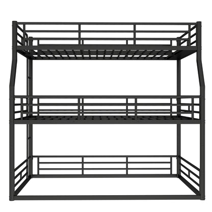 Full XL over Queen over Queen Bunk Bed, Metal Triple Bunk Bed with Safety Guardrails, Heavy-duty Bunk Bed with Noise-reduced Design, Black image 10