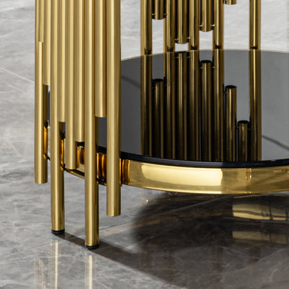 Luxury Round End Table with 2-Tier Black Tempered Glass Top and Gold Stainless Steel Frame, Modern Side Table for Living Room, Bedroom, Office, or Café image 7