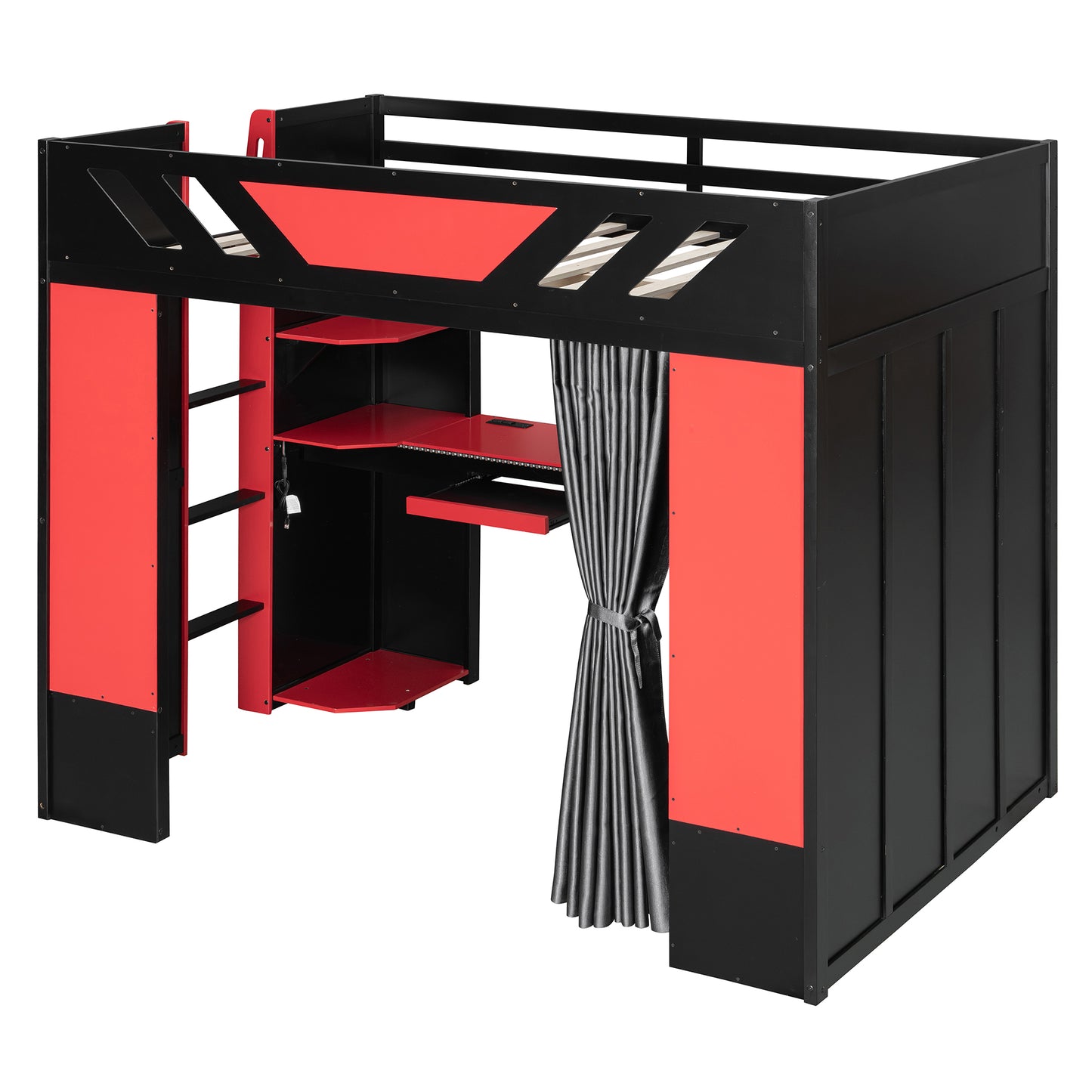Full Size Wood Loft Bed with,Shelves,Blackout Curtains,and RGB Lights,Black+Red image 8