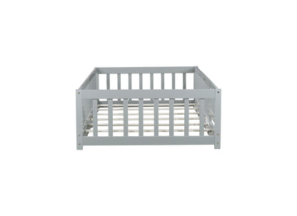 Twin Size Floor Bed with Fence and Door,Rubber Wood Floor Bed with Safety Guardrails,Grey (Old Sku W504P286372) image 5