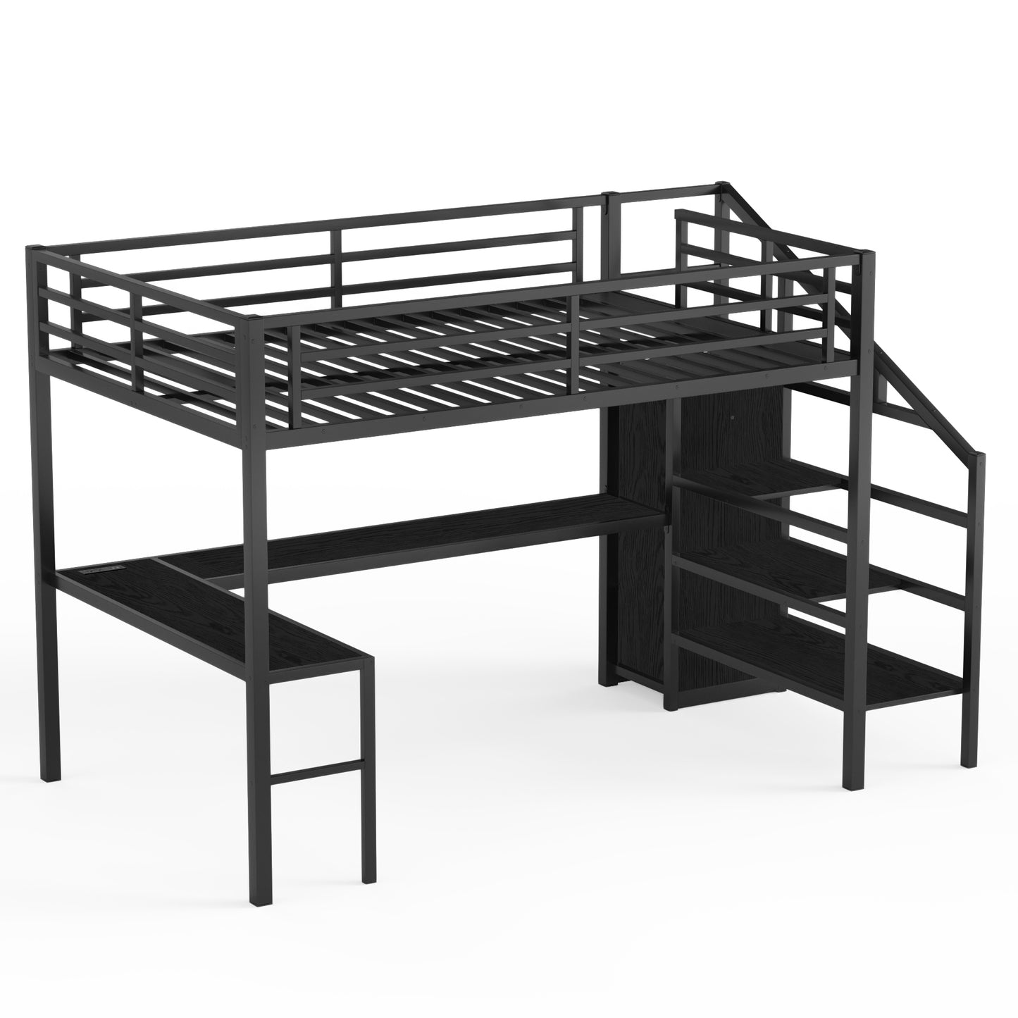 Full XL Size Loft Bed with L-shaped Desk and USB, Metal Loft Bed with Wardrobe and Adjustable Shelf, High Loft Bed with LED for Kids Teens Adults, Black image 12