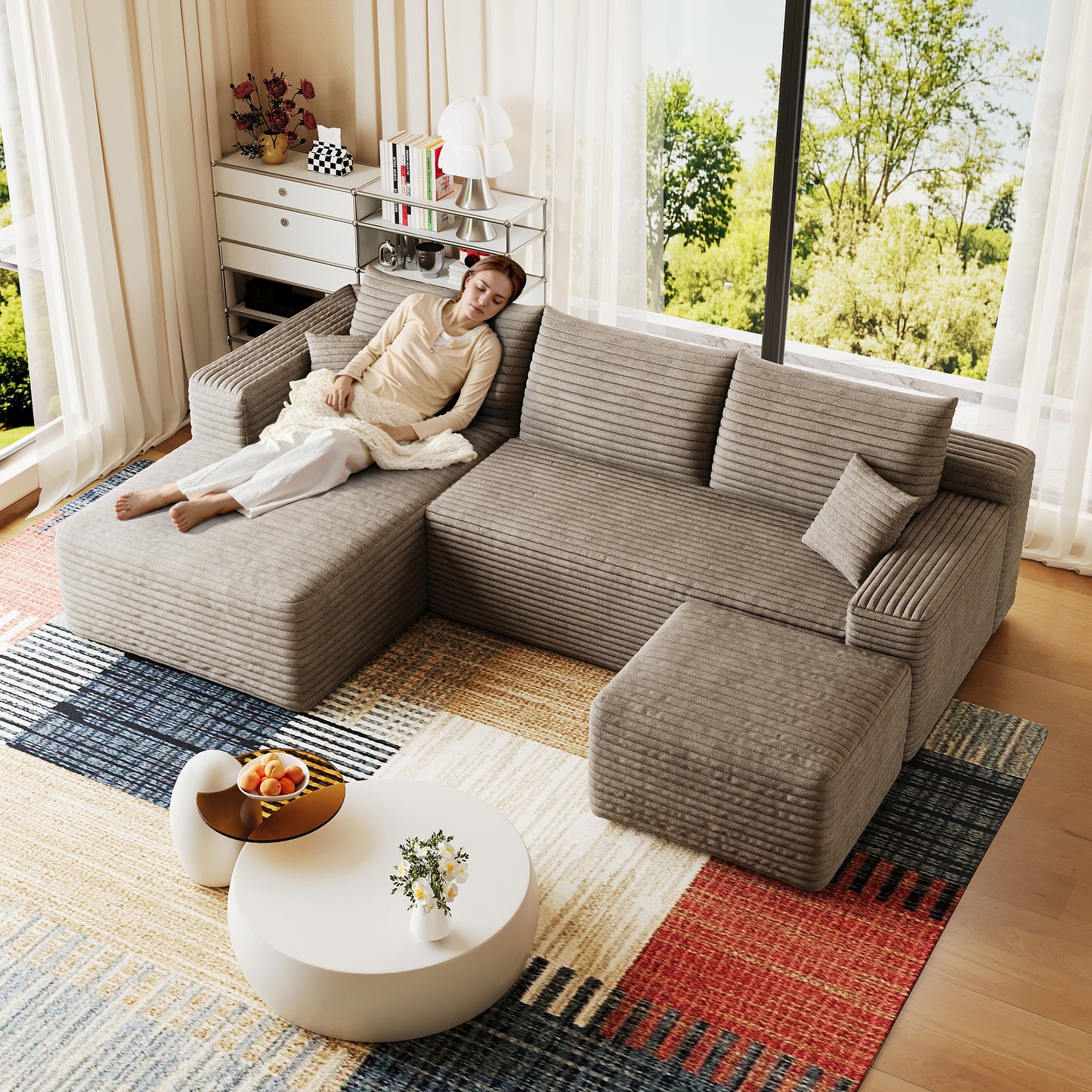 95" Cloud Sectional Sofa with 1 Ottoman,Modern Minimalist Upholstered Couches, Comfort U Shaped Sofa for Living Room,Deep Seat Corner Couch,No Assembly Required,Camel((Plush Corduroy Fabric) image 4