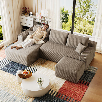 95" Cloud Sectional Sofa with 1 Ottoman,Modern Minimalist Upholstered Couches, Comfort U Shaped Sofa for Living Room,Deep Seat Corner Couch,No Assembly Required,Camel((Plush Corduroy Fabric) image 4