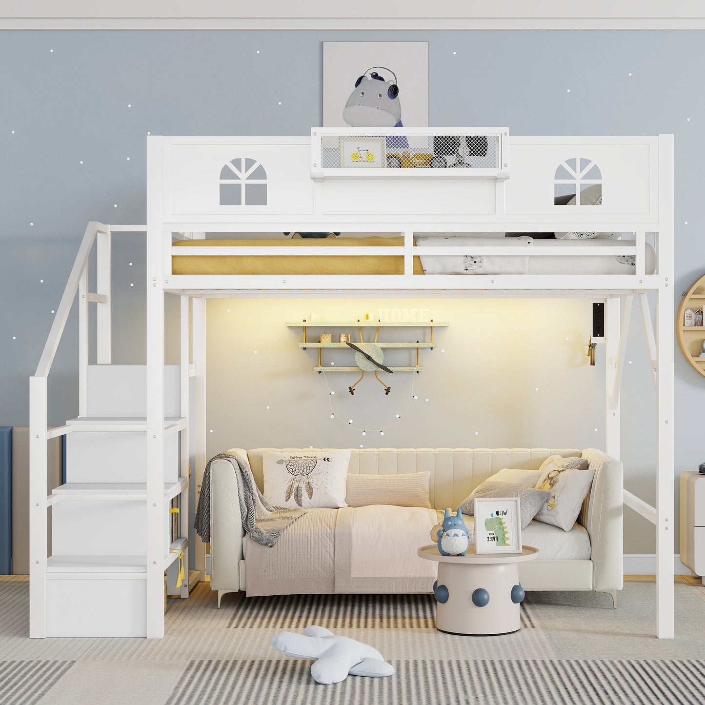 Full Size Loft Bed with Stairs, Metal Full Loft Bed with High and House Shaped Guardrails, High Loft Bed with Wardrobe for Kids Teens, White (Old SKU W2593S00037 Expect Arrival Datee2026/3/17) image 3