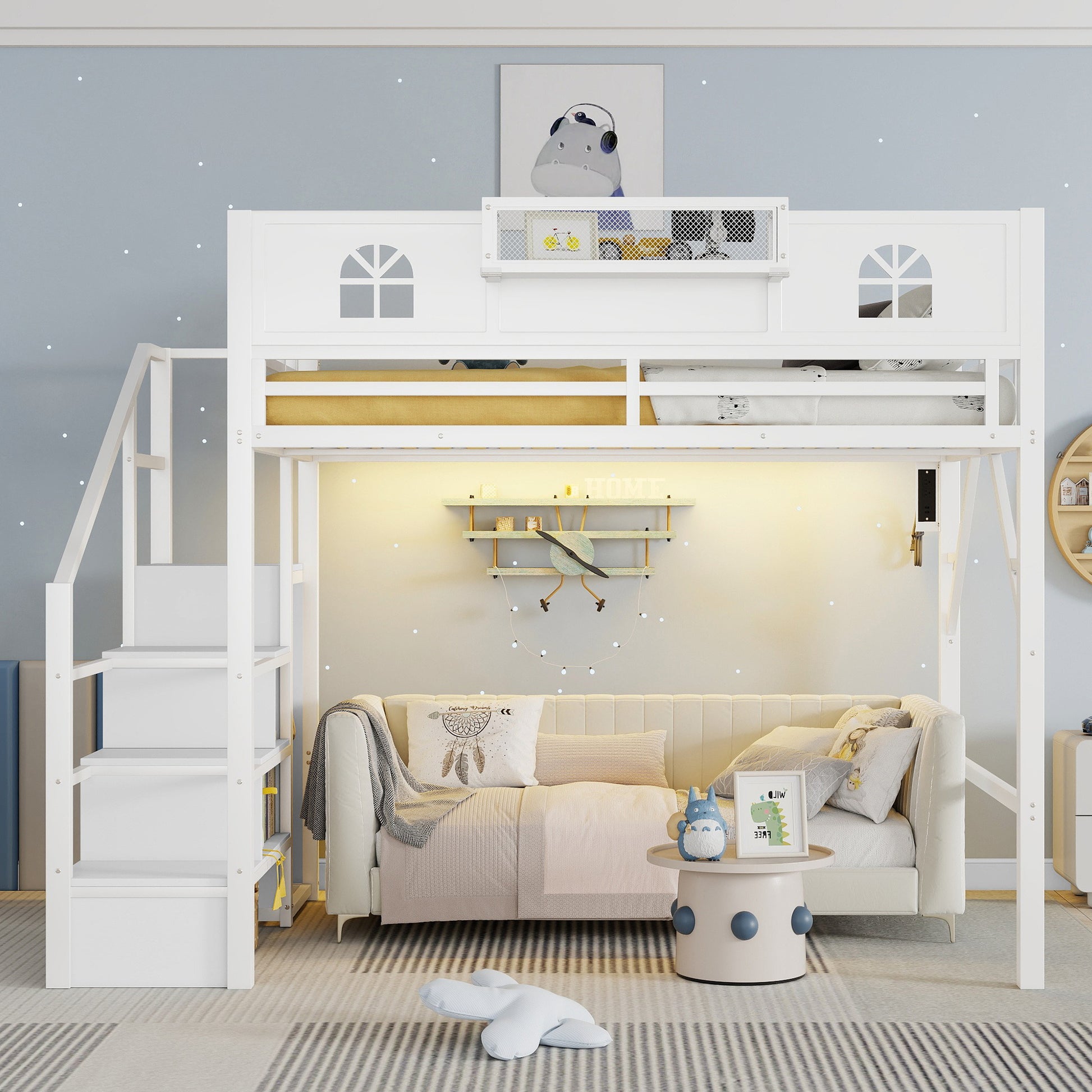 Full Size Loft Bed with Stairs, Metal Full Loft Bed with High and House Shaped Guardrails, High Loft Bed with Wardrobe for Kids Teens, White (Old SKU W2593S00037 Expect Arrival Datee2026/3/17) image 3