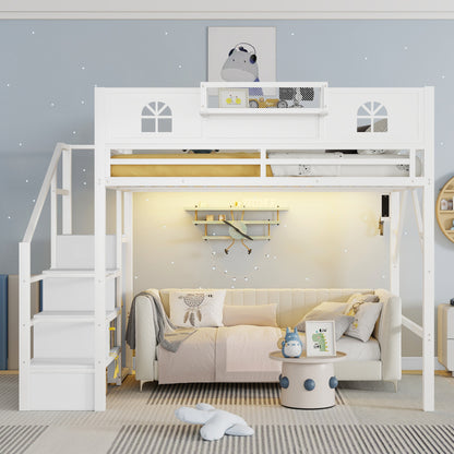 Full Size Loft Bed with Stairs, Metal Full Loft Bed with High and House Shaped Guardrails, High Loft Bed with Wardrobe for Kids Teens, White (Old SKU W2593S00037 Expect Arrival Datee2026/3/17) image 3