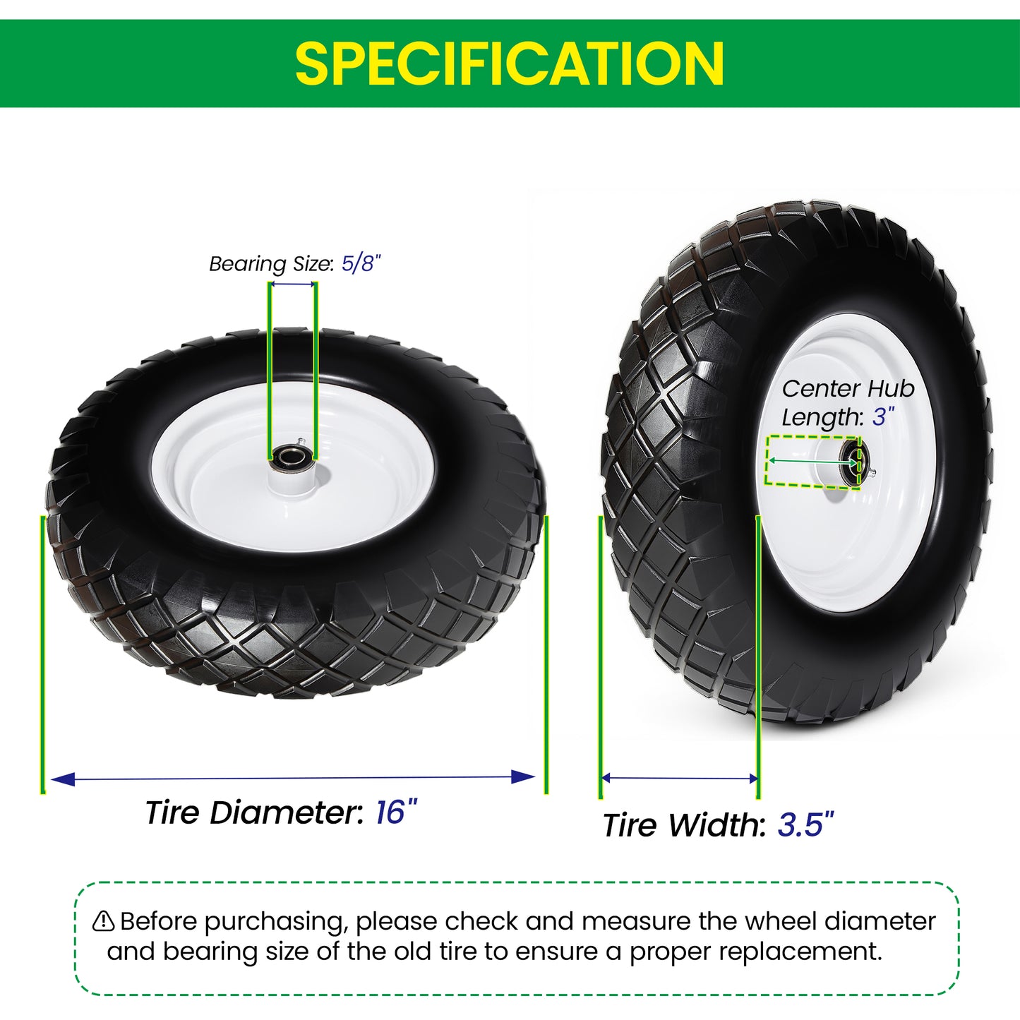 4.80/4.00-8 Flat-Free Solid Wheelbarrow Tire and Wheel, 16" Solid Tire with 5/8" & 3/4" Bearings, 3" Hub for Hand Truck, Garden Cart, Trailer, Trolley, Wagon (Set of 1) image 6