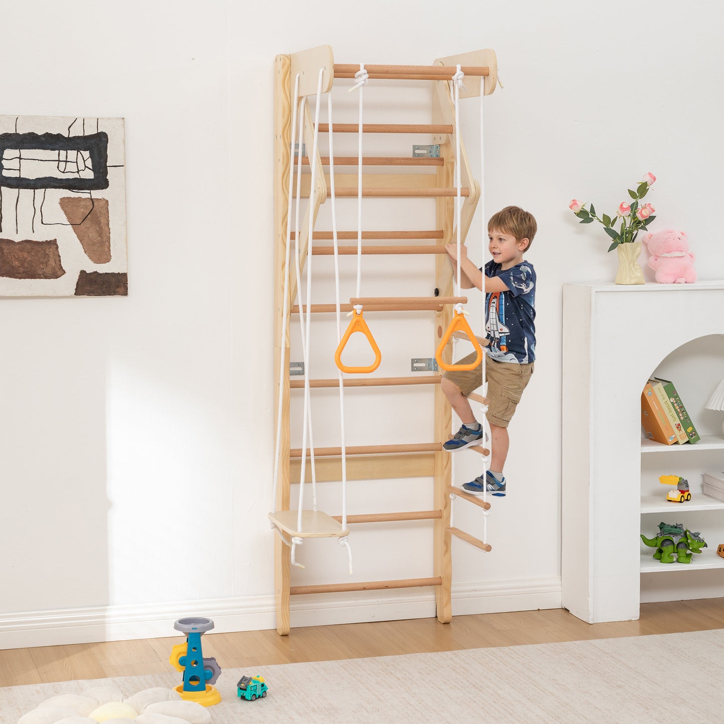 6-in-1 Swedish Ladder Wall Gym, Indoor Kids Playground with Swing, Rope Ladder, Pull-Up Bar, Slide, Gymnastic Rings, Wooden Wall Mounted Indoor Play Set for Kids & Adults image 1
