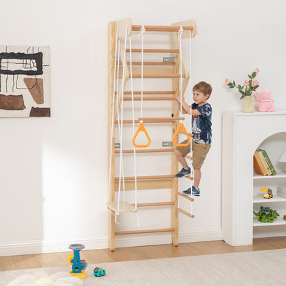 6-in-1 Swedish Ladder Wall Gym, Indoor Kids Playground with Swing, Rope Ladder, Pull-Up Bar, Slide, Gymnastic Rings, Wooden Wall Mounted Indoor Play Set for Kids & Adults image 1