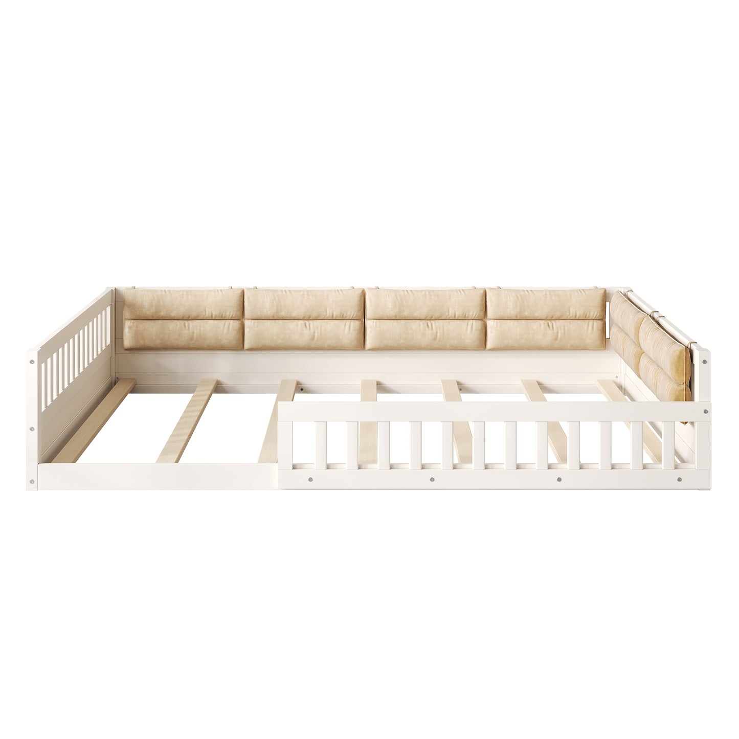Wood Full Size Upholstered Platform Bed with Guardrail and Pillow, Beige image 11
