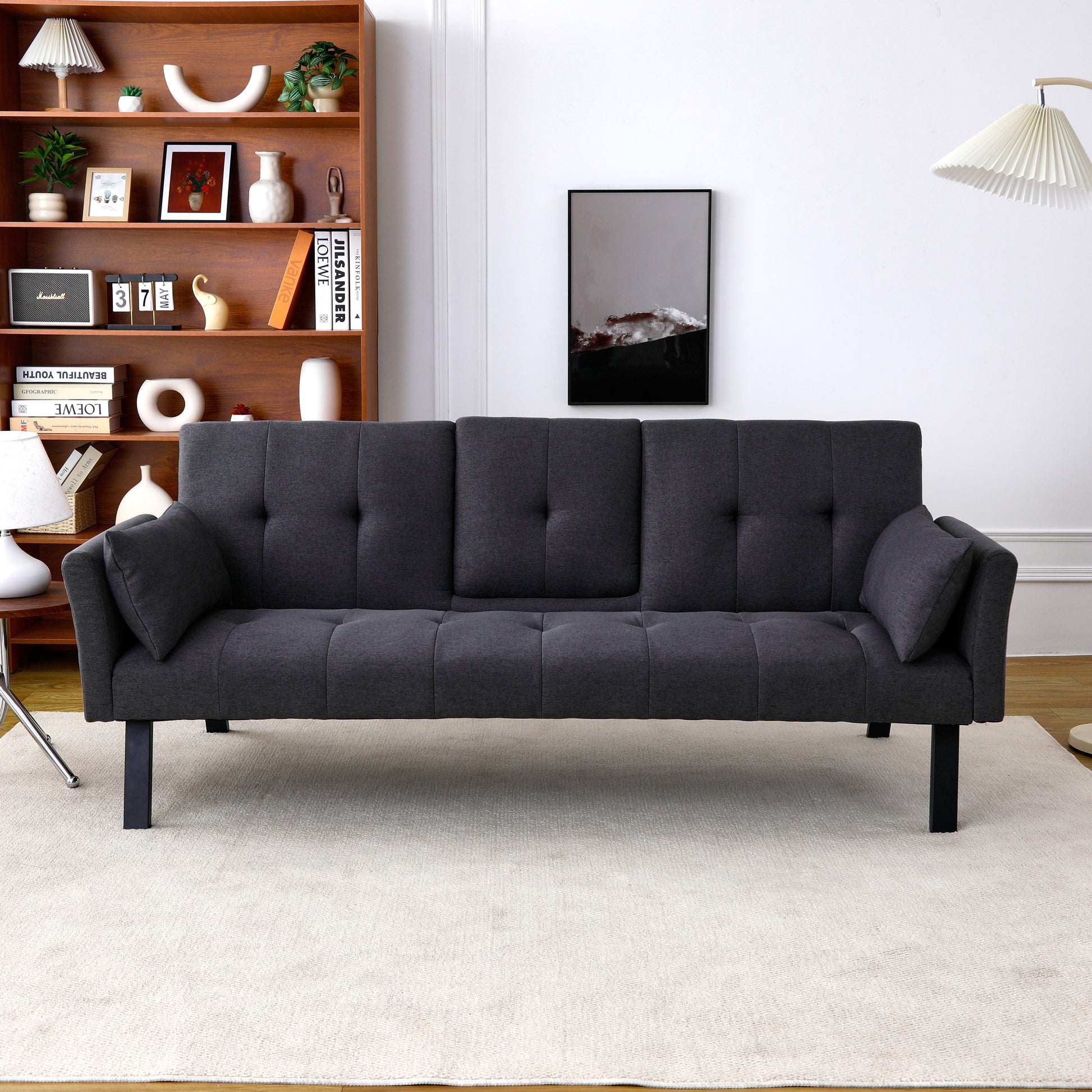 70-inch multi-functional cotton and linen sofa bed: foldable + cup holder + side storage, instantly switch between living room and bedroom image 2