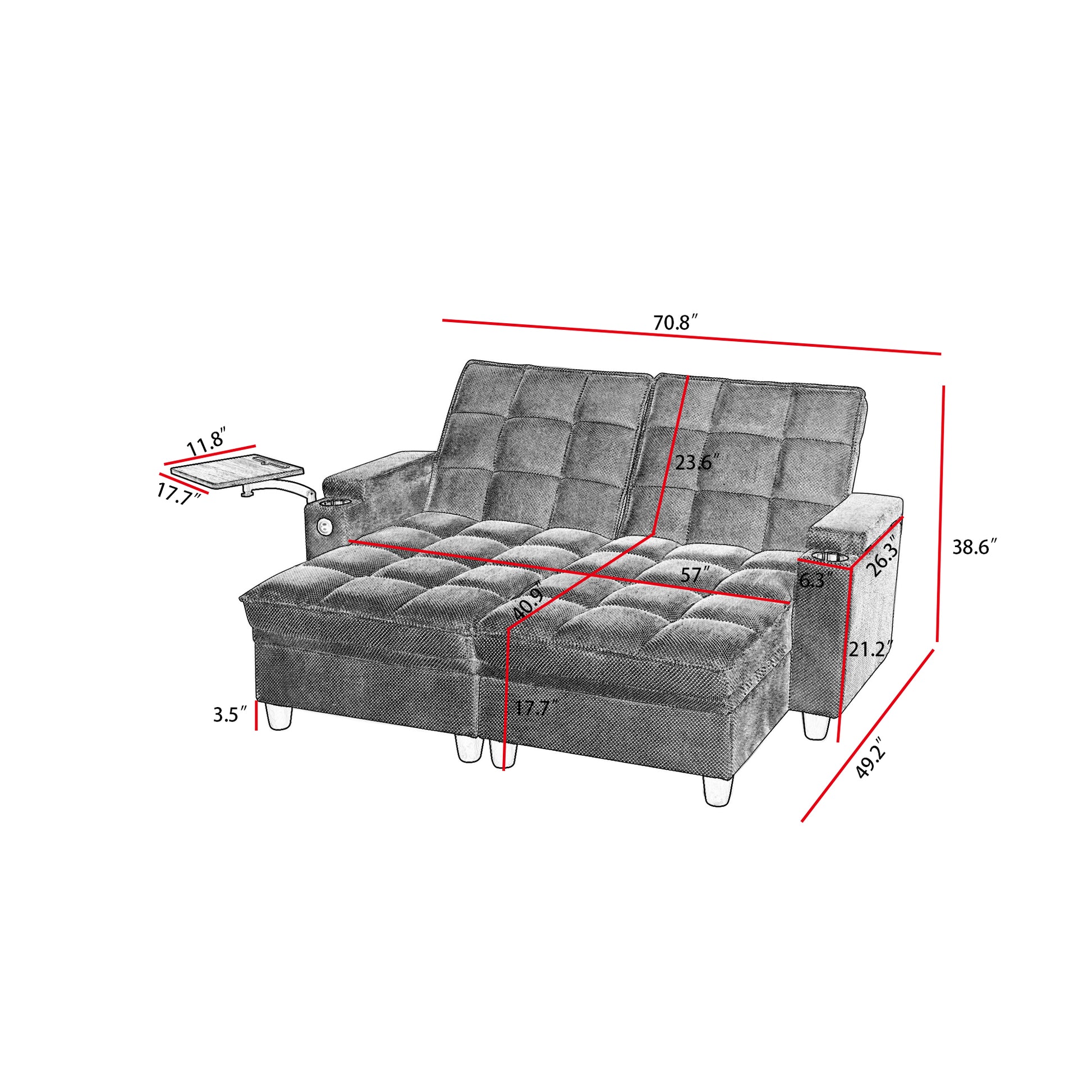 Dark Grey Sofa,Sleeper Sofa Bed with 6-Position Adjustable Backrest,USB Ports, Cup Holder and Swivel Side Table image 10