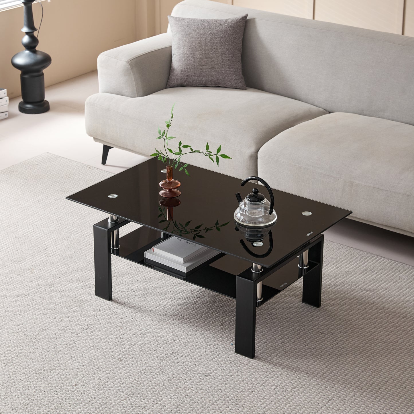 Tempered Black Glass Coffee Table, 2-Layers Tea Table image 2
