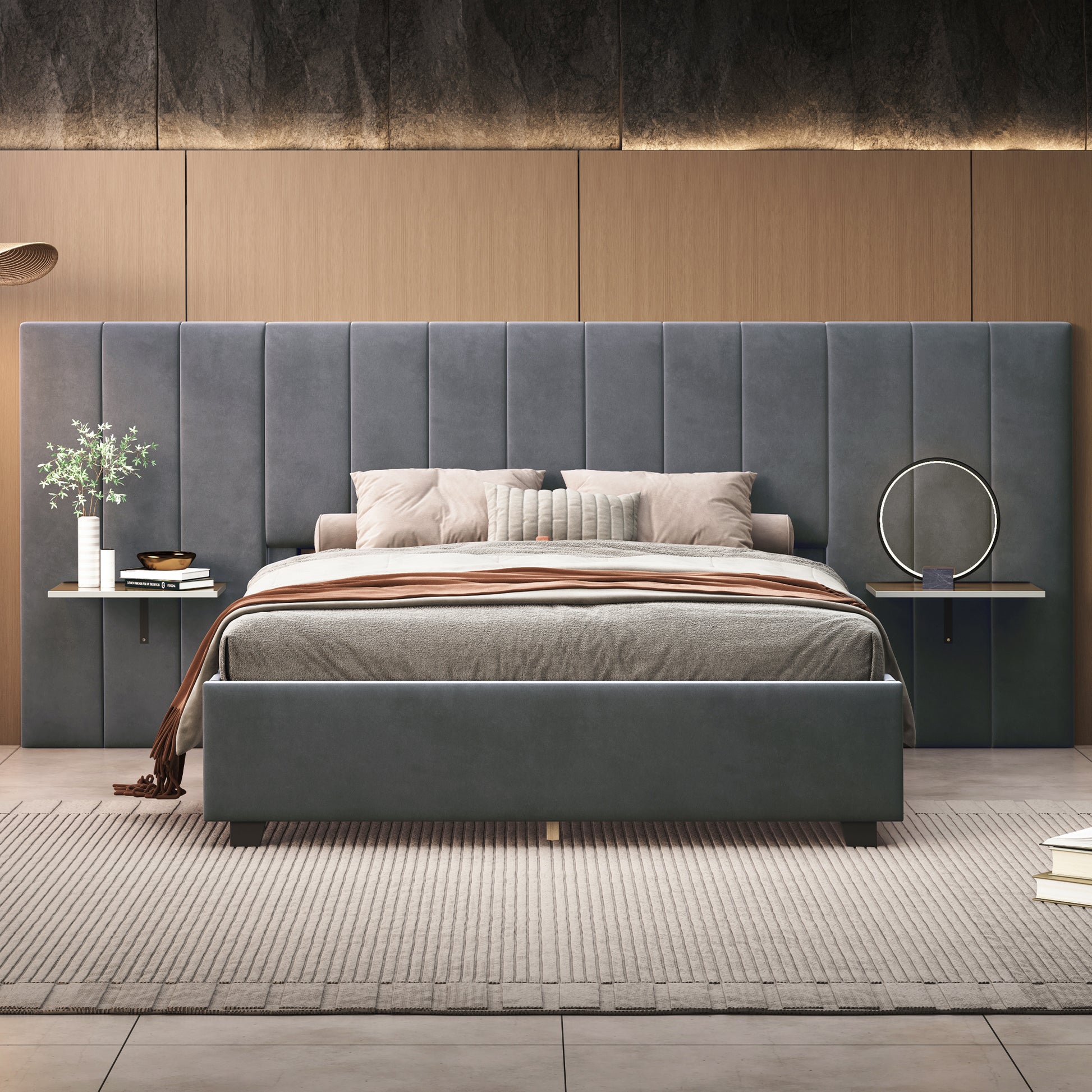 Queen Size Upholstered Platform Bed with Big Headboard, Bedroom Furniture, Velvet, Gray image 3
