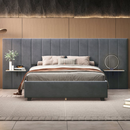 Queen Size Upholstered Platform Bed with Big Headboard, Bedroom Furniture, Velvet, Gray image 3