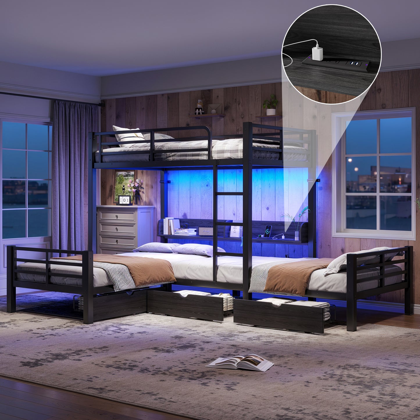 Triple Loft Bed with Storage Shelves and Drawers, Twin over Twin & Twin Loft Bed with Led Lights And Usb Ports, Space-Saving L－Shaped Loft Bed For 3, Black image 2