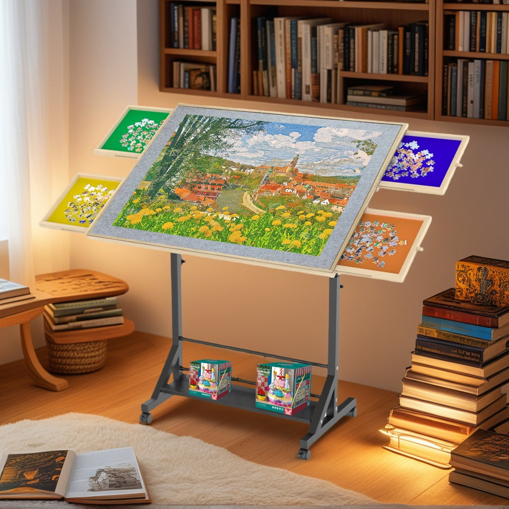 Wooden 1500 Piece Puzzle Table with Drawer, 35"*27.17" Adjustable Puzzle Table, 360° Tilting Puzzle Table with Legs and Wheels, Adjustable Height and Angle, with Protective Cover image 1