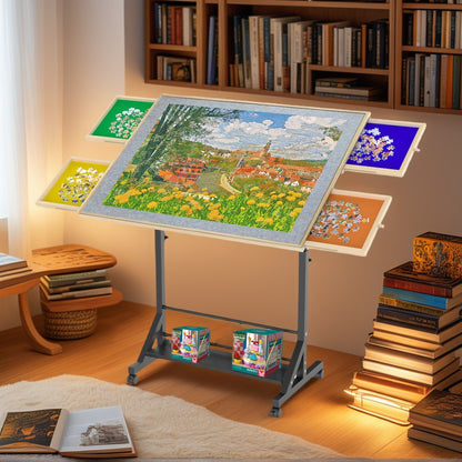Wooden 1500 Piece Puzzle Table with Drawer, 35"*27.17" Adjustable Puzzle Table, 360° Tilting Puzzle Table with Legs and Wheels, Adjustable Height and Angle, with Protective Cover image 1