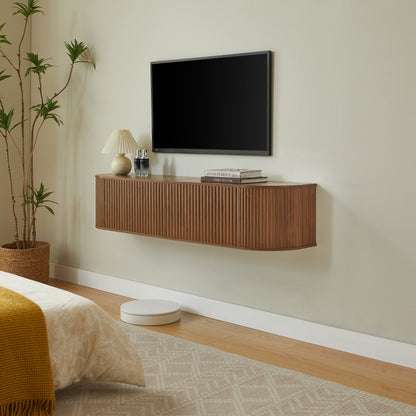 55" Wall Mounted Floating TV Cabinet with Fluted Doors, Large Capacity Media Console with Cable Management Holes for Living Room Bedroom, Compatible with Various Home Styles,Walnut image 2