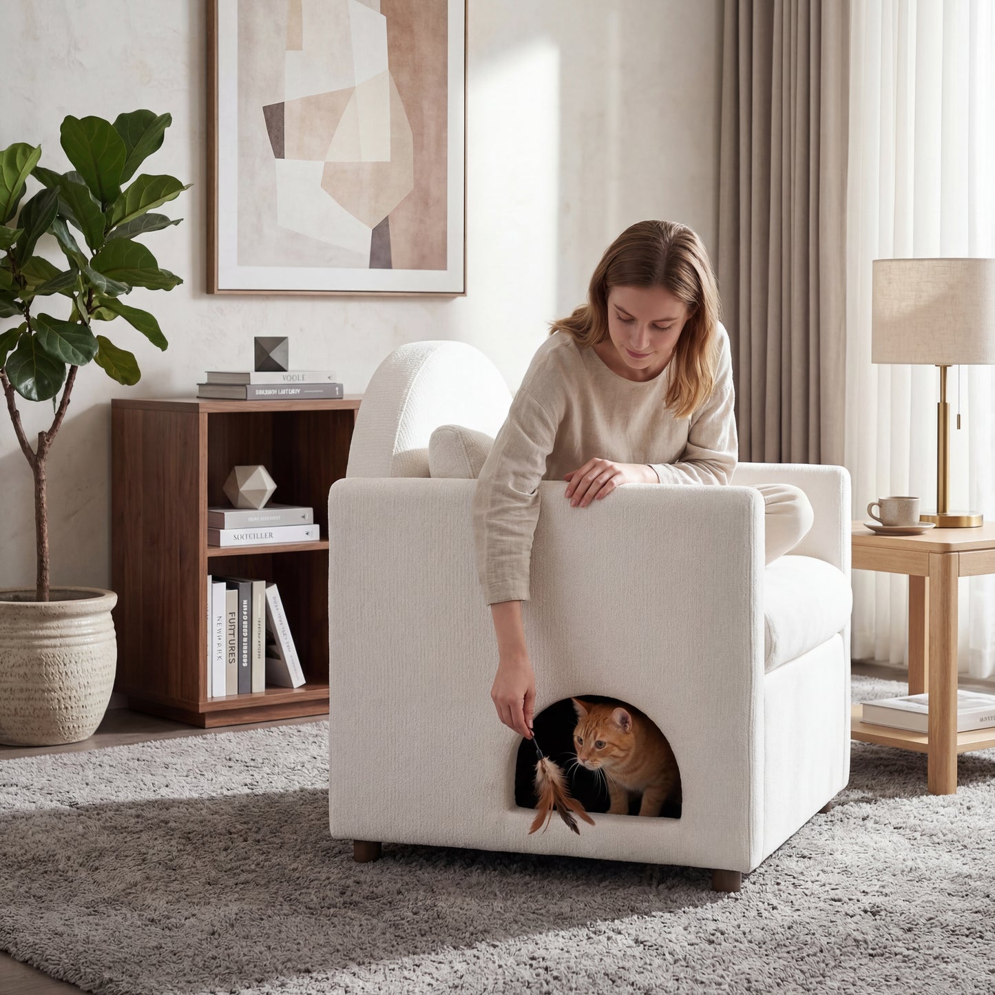 Beige Pet Friendly Accent Chair with Hidden Pet Nook, Acacia Wood Legs, 220lbs Weight Capacity, Modern Upholstered Armchair for Living Room image 4