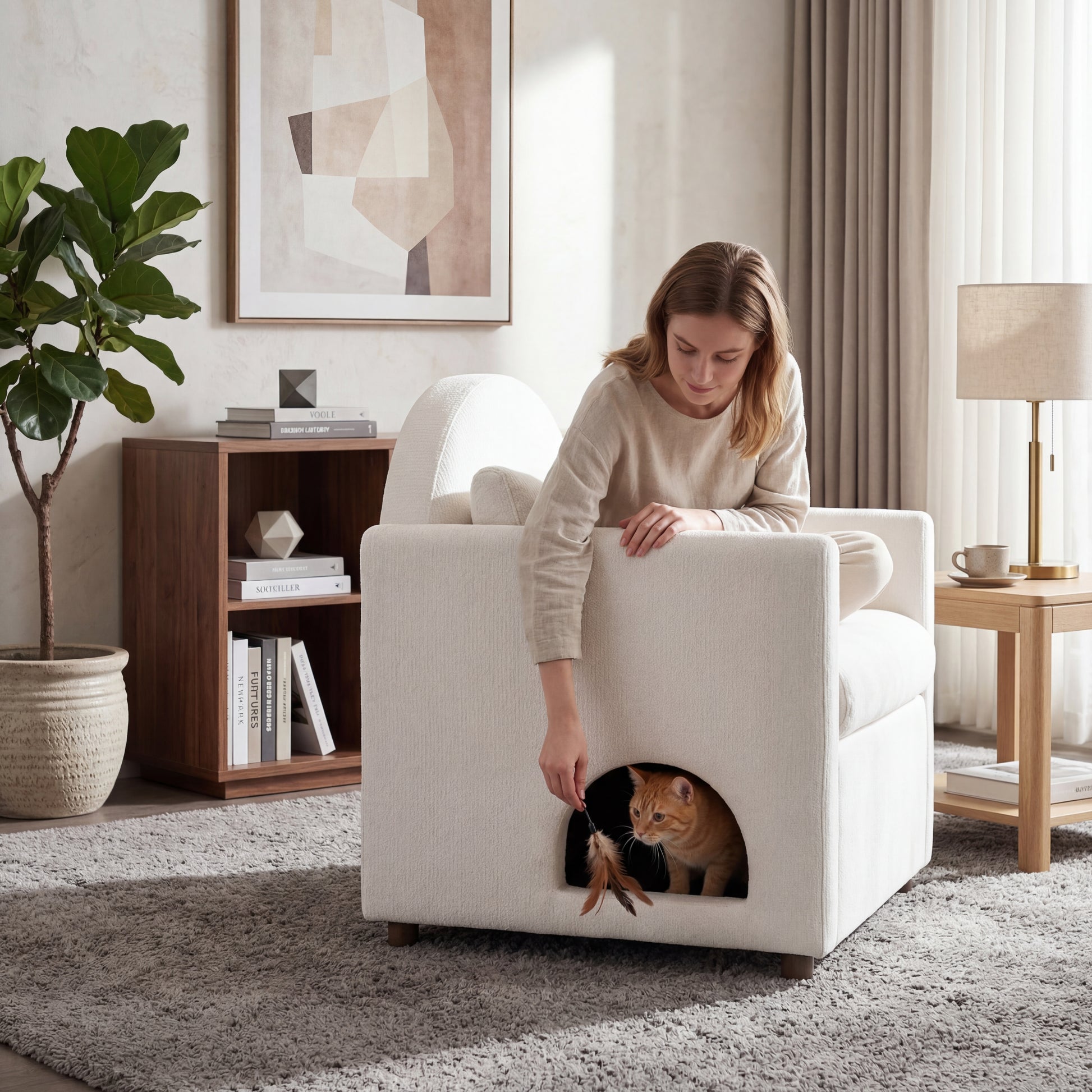 Beige Pet Friendly Accent Chair with Hidden Pet Nook, Acacia Wood Legs, 220lbs Weight Capacity, Modern Upholstered Armchair for Living Room image 4