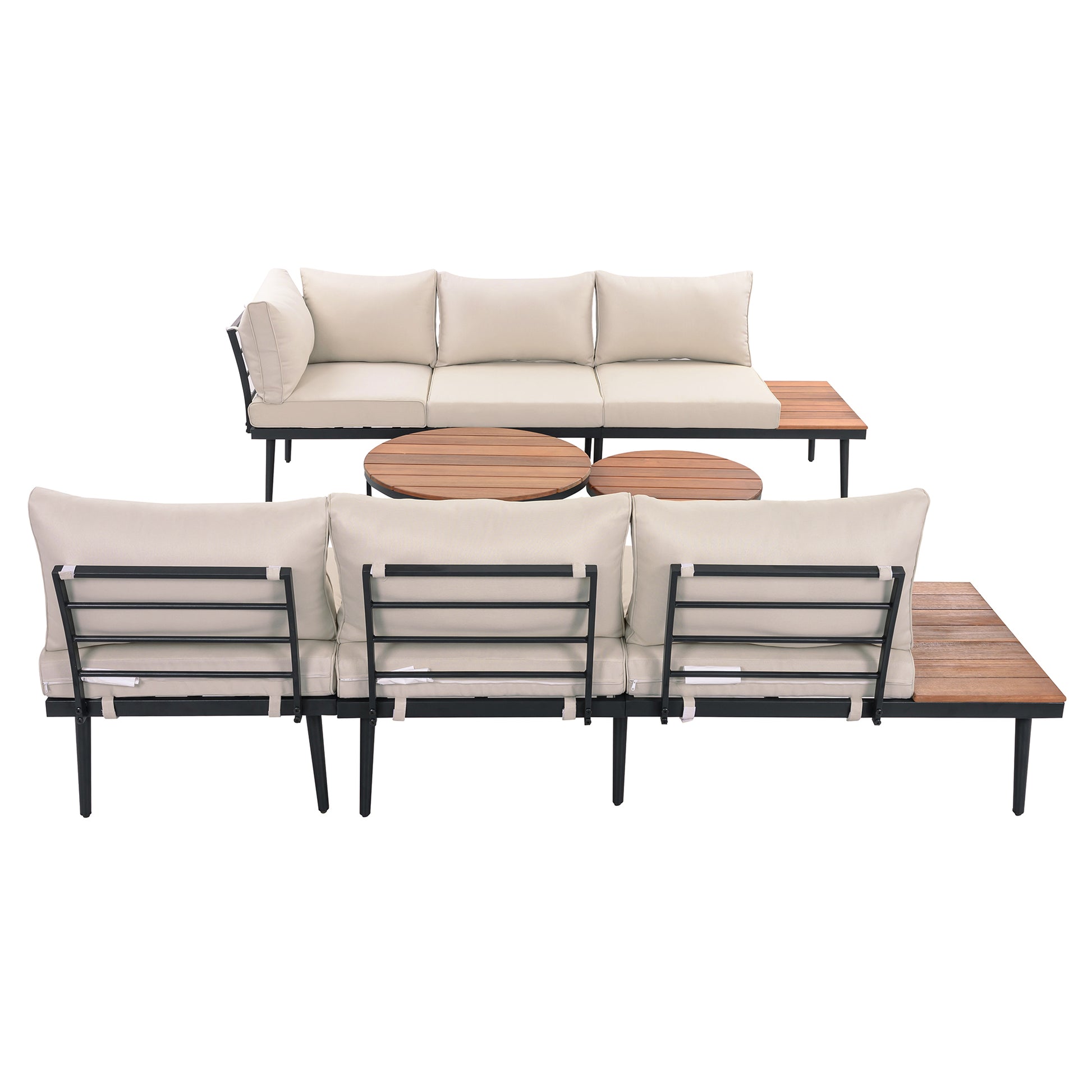 TREXM 6-Piece Outdoor Sectional Sofa Set with Round Nesting Coffee Tables and Seating Sofa with Cushions for Patio, Porch and Garden (Beige) image 7