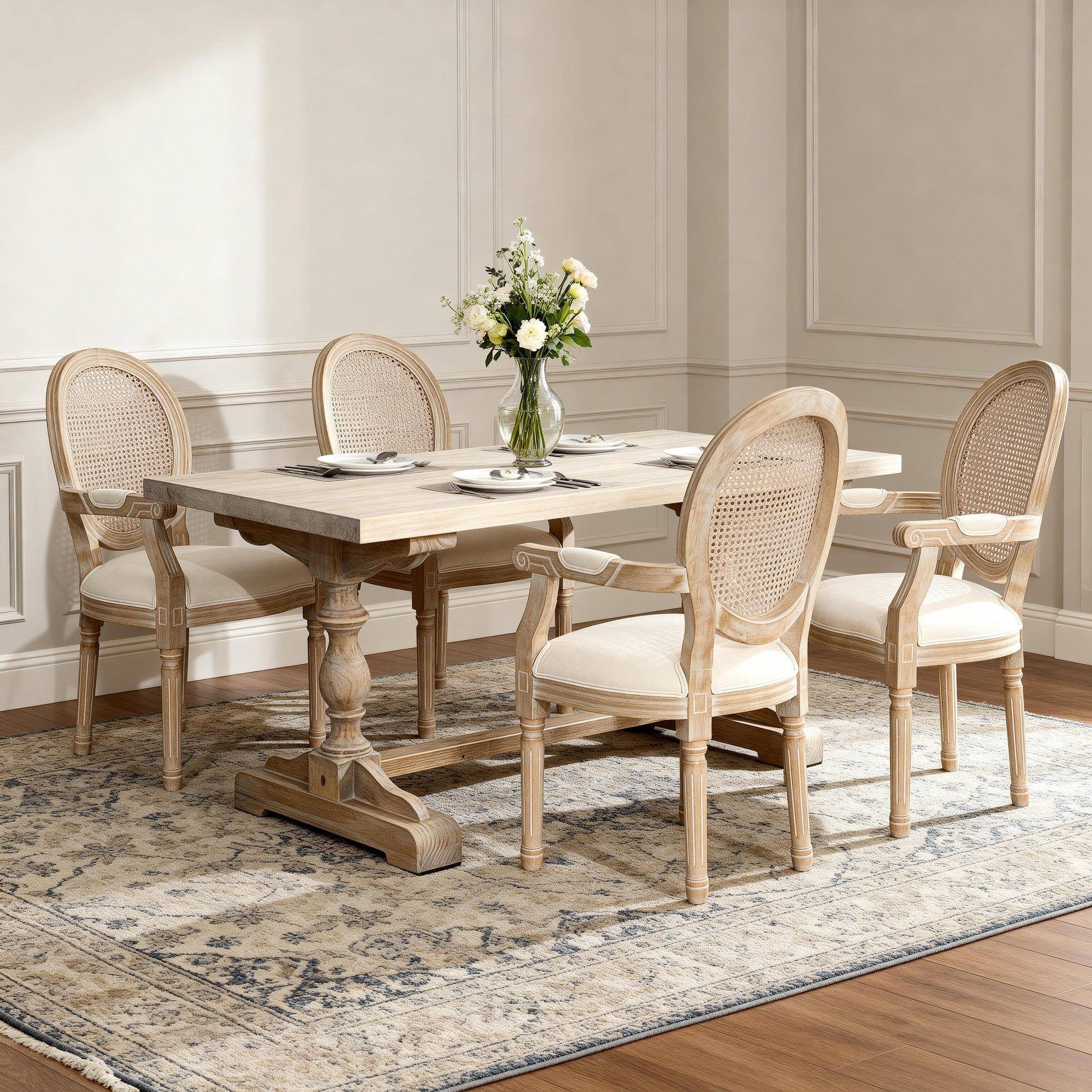 French Vintage Upholstered Fabric Dining Armchair, Set of 2, Beige image 10