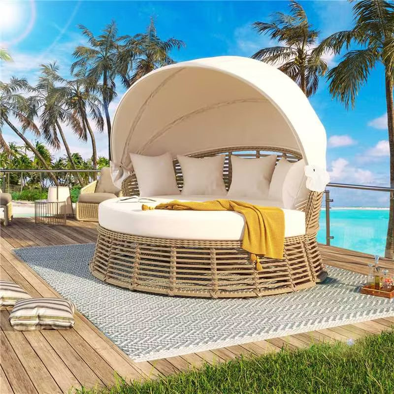 <Old SKU: N704G201243A> Outdoor Patio Rattan Round Daybed with Retractable Canopy, Wicker Furniture Round Poolside Sofa Sunbed with Removable Cushions, Backyard, Porch, Beige image 1
