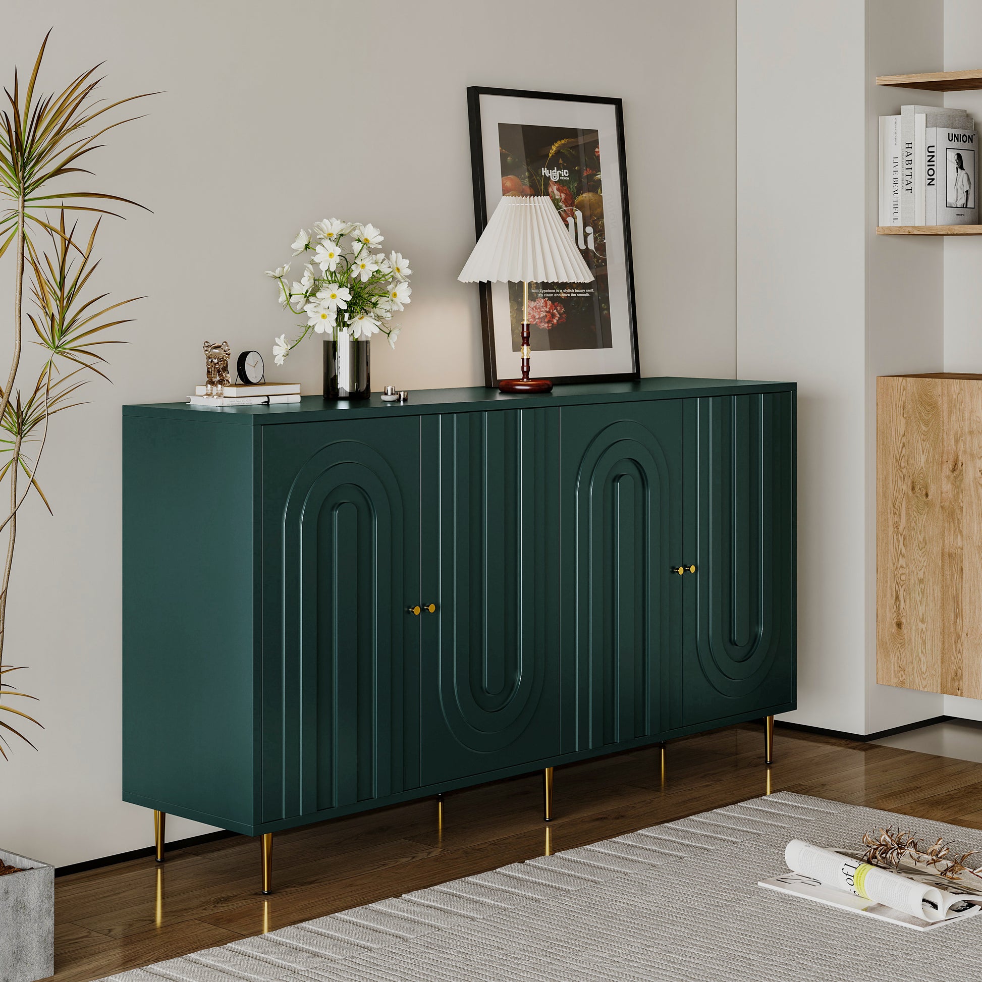 Modern Green Lacquered 4 Door Wooden Cabinet Sideboard Buffet Server Cabinet Storage Cabinet, for Living Room, Entryway, Hallway, Office, Kitchen and Dining Room image 5