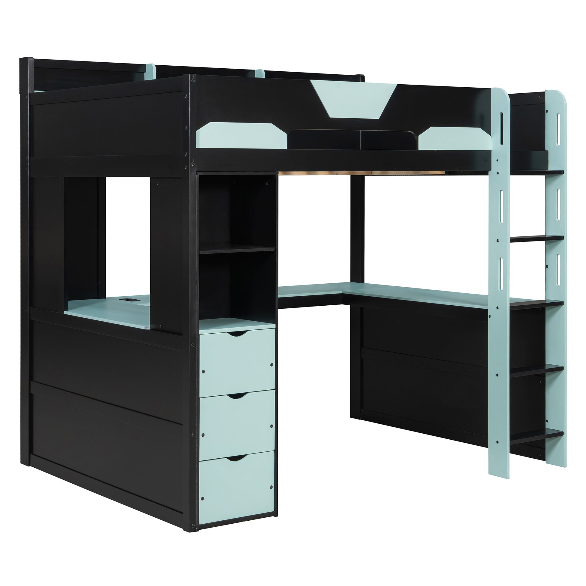 Full Size Wooden Gaming Loft Bed with U-Shaped Desk, Smart RGB LED Lights and USB Ports, Multi-Functional High Sleeper with 3 Drawers and Storage Shelves for Teens Adults, Black+Blue image 10