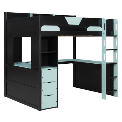 Full Size Wooden Gaming Loft Bed with U-Shaped Desk, Smart RGB LED Lights and USB Ports, Multi-Functional High Sleeper with 3 Drawers and Storage Shelves for Teens Adults, Black+Blue image 10