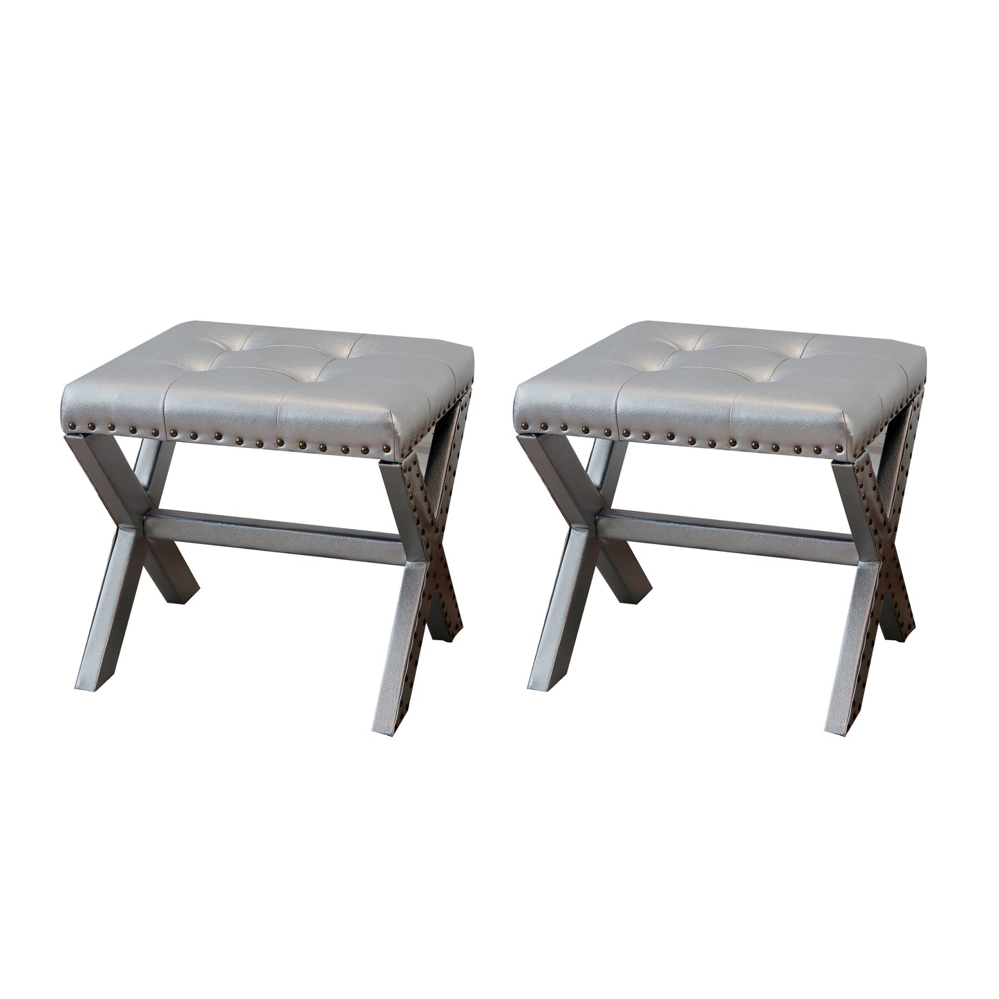 Accent Stool, Tufted Linen Upholstered Chair, X-Base Wood Seat with Nailhead Trim, 17"D x 19"W x 17"H, 300 lbs Capacity image 1