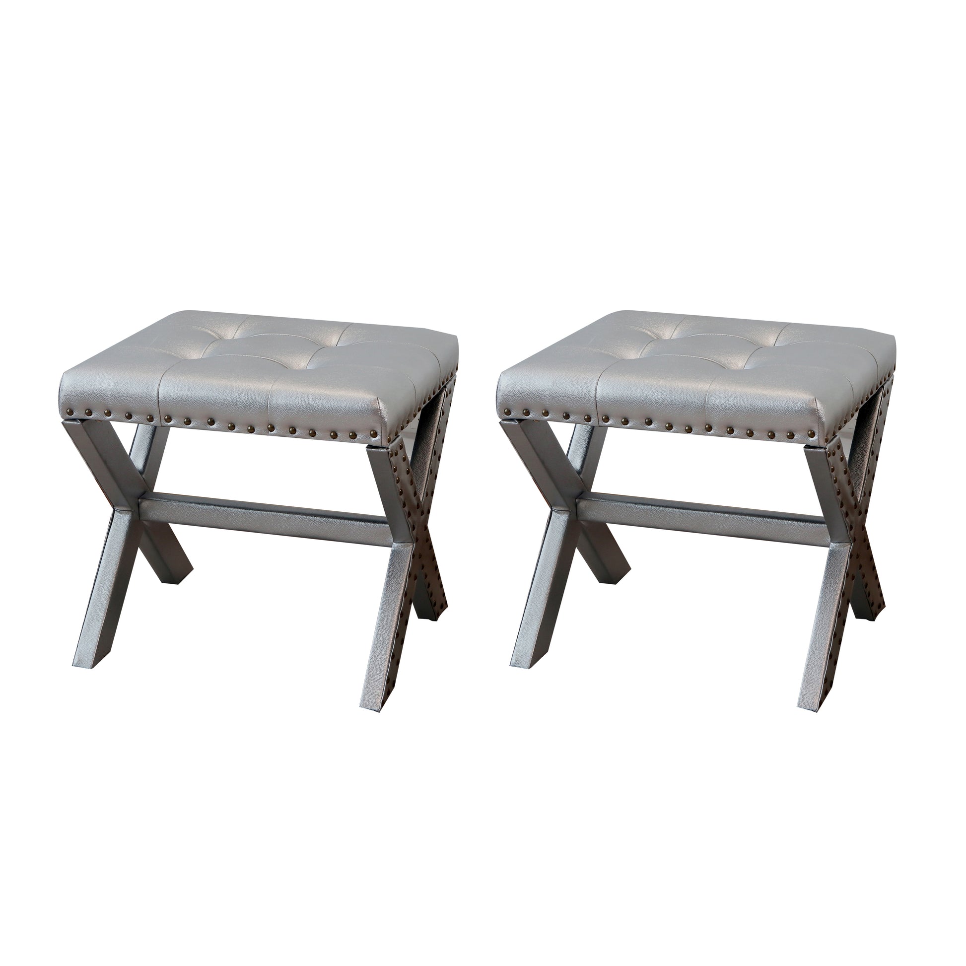 Accent Stool, Tufted Linen Upholstered Chair, X-Base Wood Seat with Nailhead Trim, 17"D x 19"W x 17"H, 300 lbs Capacity image 1