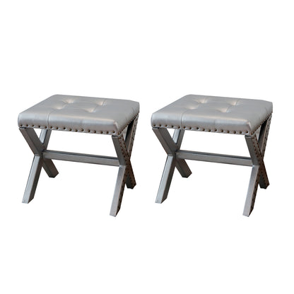 Accent Stool, Tufted Linen Upholstered Chair, X-Base Wood Seat with Nailhead Trim, 17"D x 19"W x 17"H, 300 lbs Capacity image 1