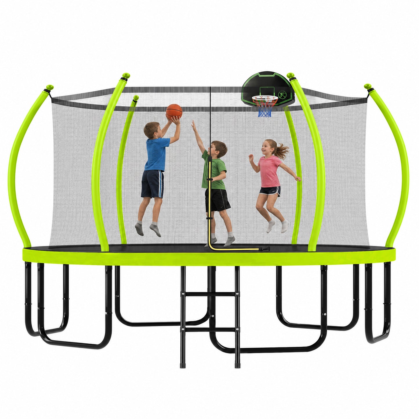 16FT Trampoline with Basketball Hoop for Kids and Adults, Round Outdoor Trampoline with Enclosure Net & Curved Poles & Ladder,Green image 9