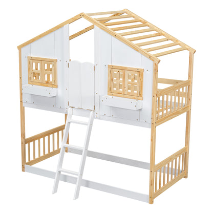 Twin over Twin House Bunk Bed with Roof, Window, Window Box, Door, with Safety Guardrails and Ladder, Natural/White image 2