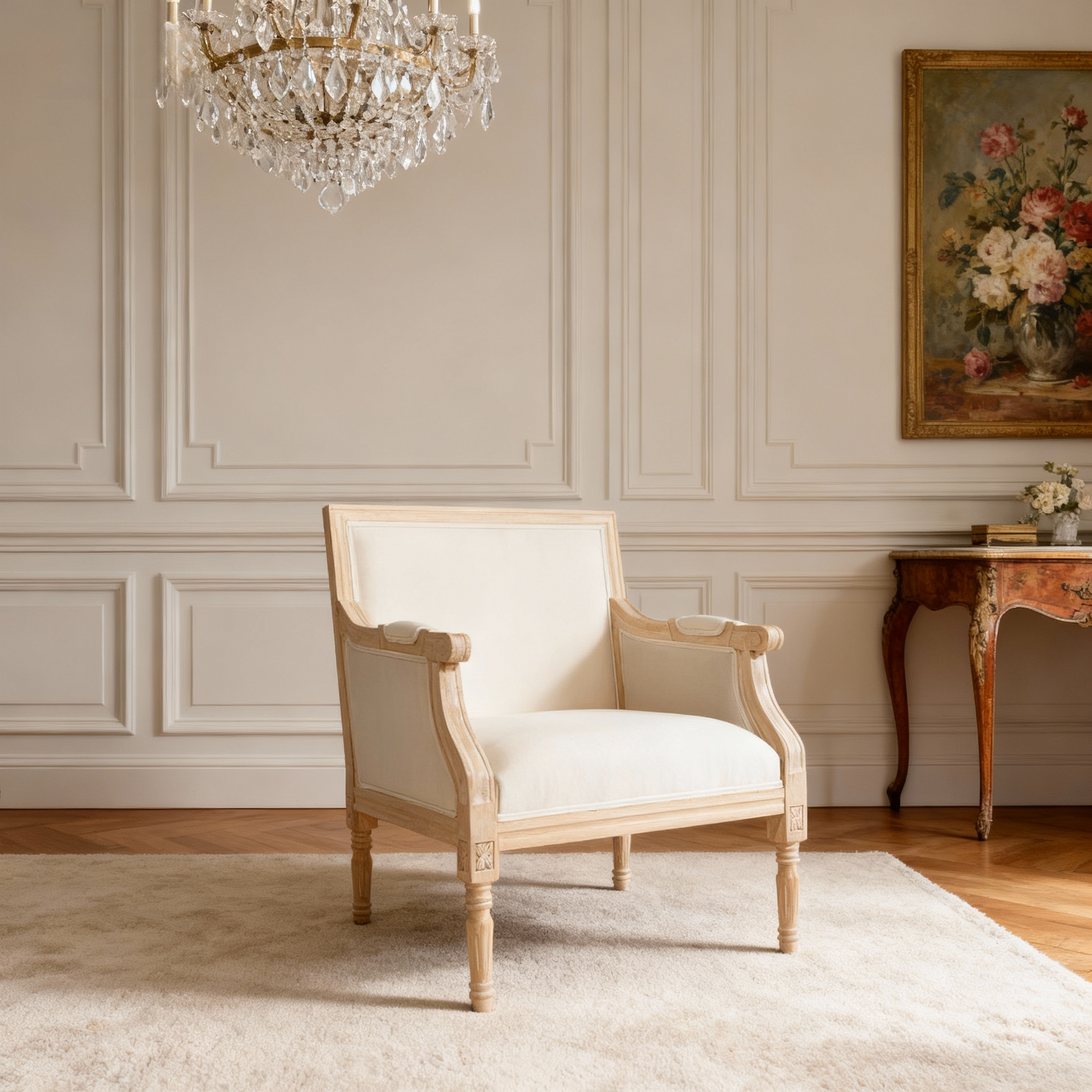 French Accent Chair Traditional Wood Frame Linen Upholstery Distressed Finish Home Decor, Single image 10