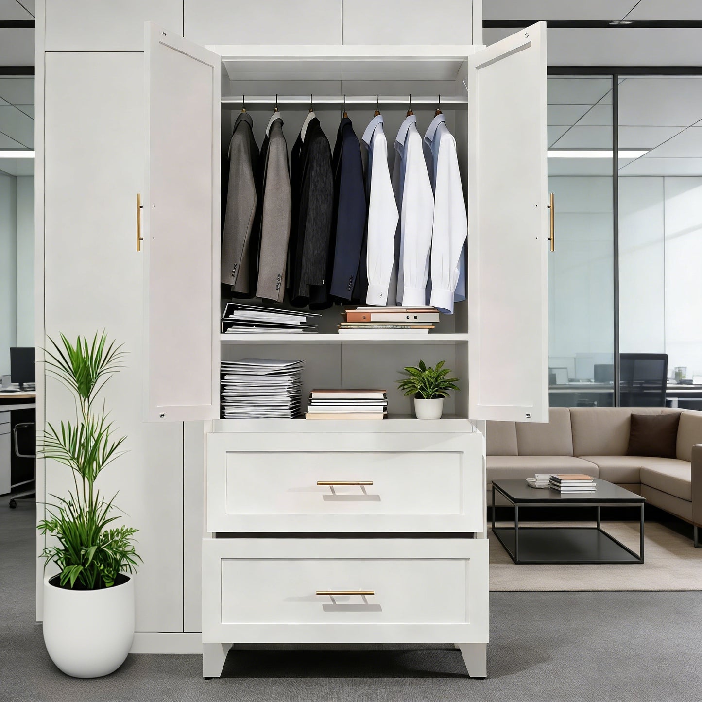 71" Tall Metal Wardrobe Cabinet with 2 Drawers and Hanging Rod, 2 Doors Wardrobe Closet with Shelf for Bedroom, Office, Laundry Room,Entryway,Foyer,Guesthouse (White) image 11