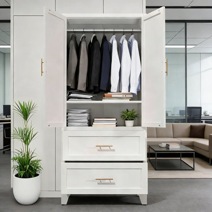 71" Tall Metal Wardrobe Cabinet with 2 Drawers and Hanging Rod, 2 Doors Wardrobe Closet with Shelf for Bedroom, Office, Laundry Room,Entryway,Foyer,Guesthouse (White) image 11