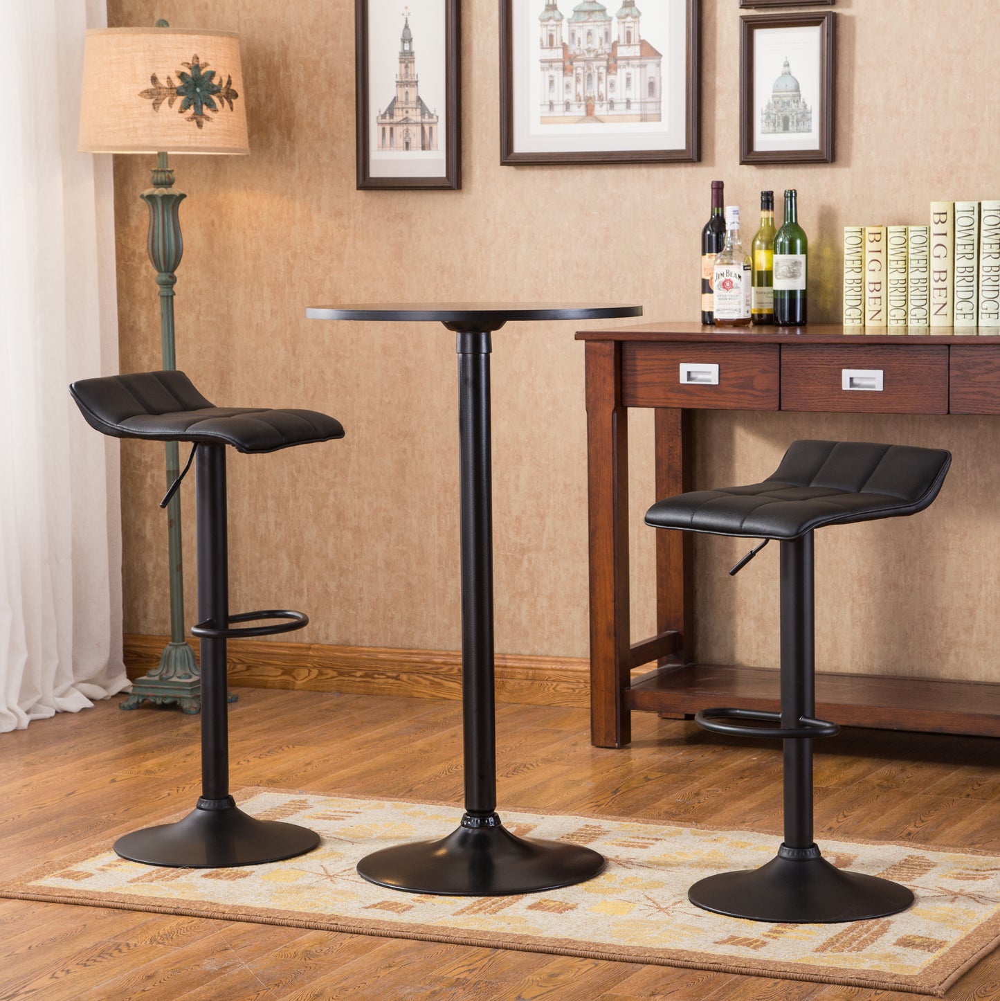 Belham Black Round Top with Black Leg And Base Metal Bar Table and 2 Swivel Black Bonded Leather Adjustable Bar Stool Bar Sets image 2