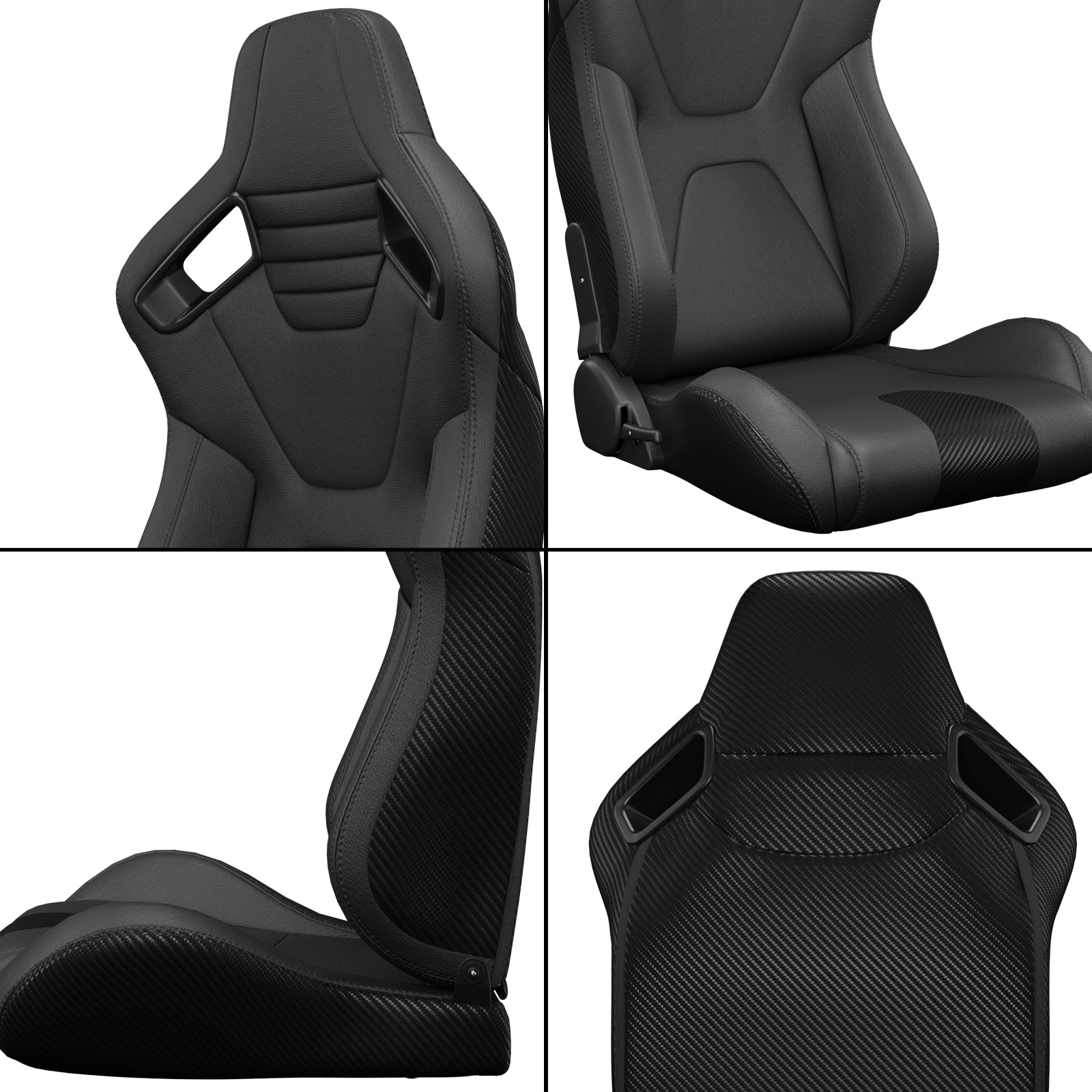 2PC New Universal Bucket Racing Seats Black Stitch Black PVC Leather Reclinable Carbon Look Leather Back With Adjustor Slider(Not Including Seat Bracket) 1 box of 2 pieces image 12