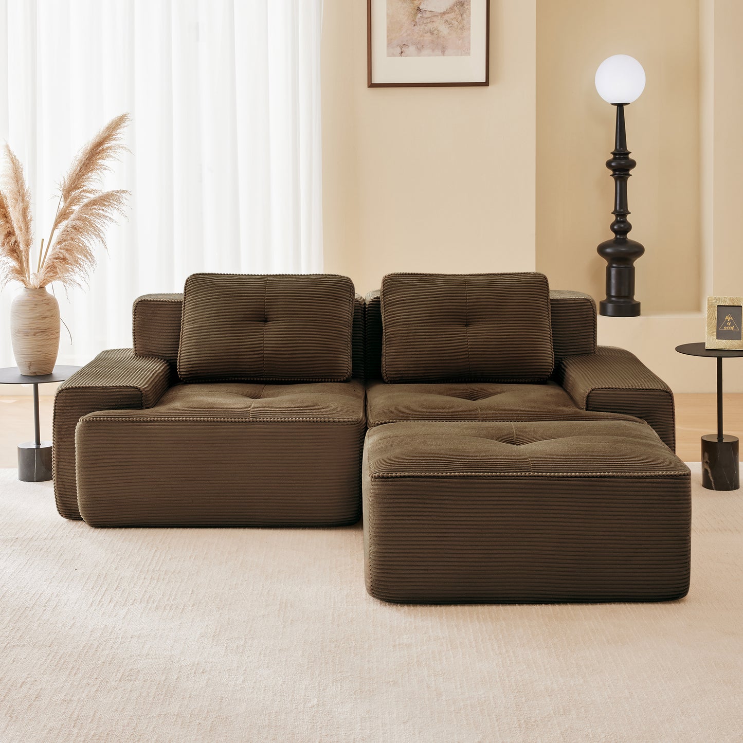 82" Modern L-Shaped Modular Sectional Sofa for Living Room, Corduroy Fabric, 2-Seater Couch with Deep Seat and Movable Ottoman, Pearl-like piping, Tufted Design, No Assembly, Anti-slip Design​, Brown image 3