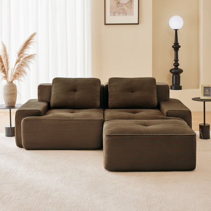 82" Modern L-Shaped Modular Sectional Sofa for Living Room, Corduroy Fabric, 2-Seater Couch with Deep Seat and Movable Ottoman, Pearl-like piping, Tufted Design, No Assembly, Anti-slip Design​, Brown image 3