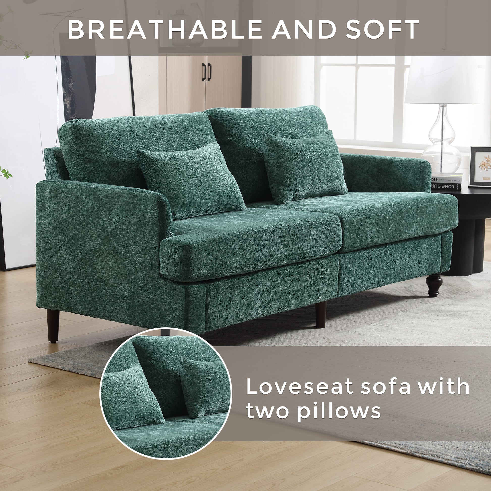 Mid Century Modern chenille Fabric Loveseat sofa, 2-Seat Upholstered Loveseat Sofa Modern Couch for Living Room,Brown wood feet sofa for Bedroom, Reading (Emerald Chenille) image 8