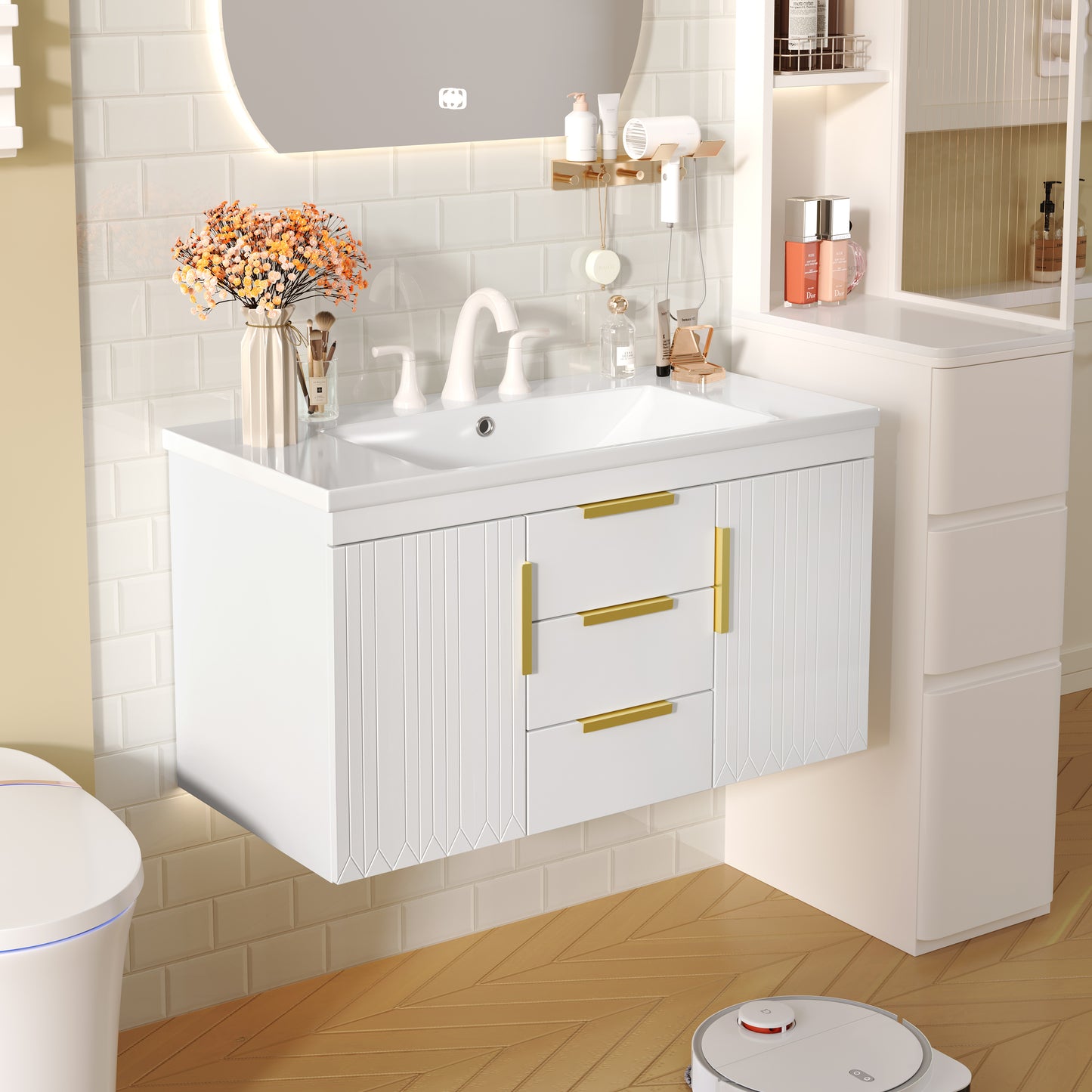 36'' Wall Mounted Bathroom Vanity, Floating Bathroom Storage Cabinet with 2 Drawers, Solid Wood Bathroom Cabinet (Same as N710S236003K) image 2