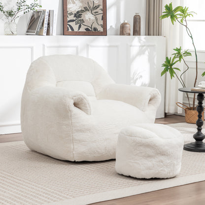 Bean Bag Chair, Comfy Bean Bag Sofa with Back Support, With Footstool,Faux Fur Bean Bag Chair for Adults and Kids, Stuffed Floor Sofa for Living Room, Bedroom, Apartment, White image 1