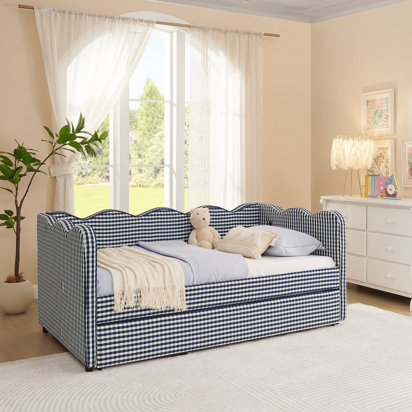 Cozy Gingham Daybed with Trundle Twin Size Sofa Bed No Box Spring Needed, with USB Port and Adorable Wave Shaped, Linen Fabric, Navy image 6